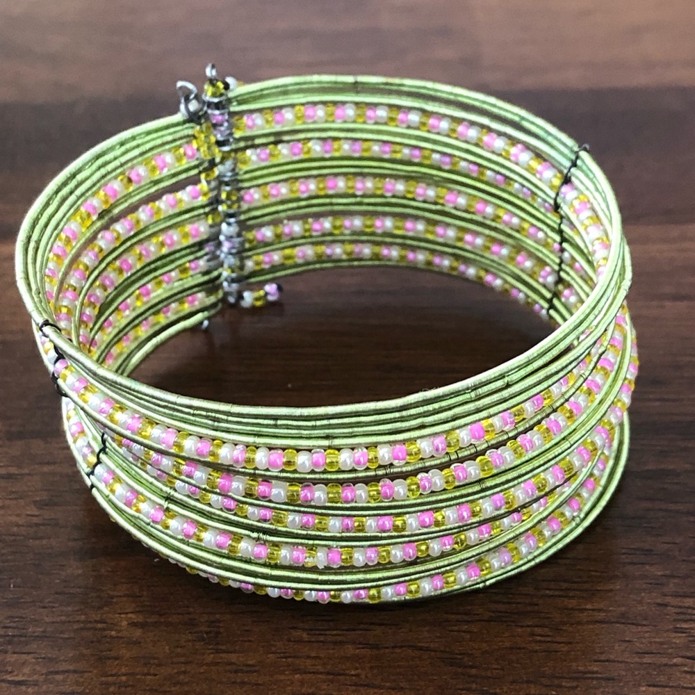 Women’s Beaded Wide Cuff Bracelet Green Pink White